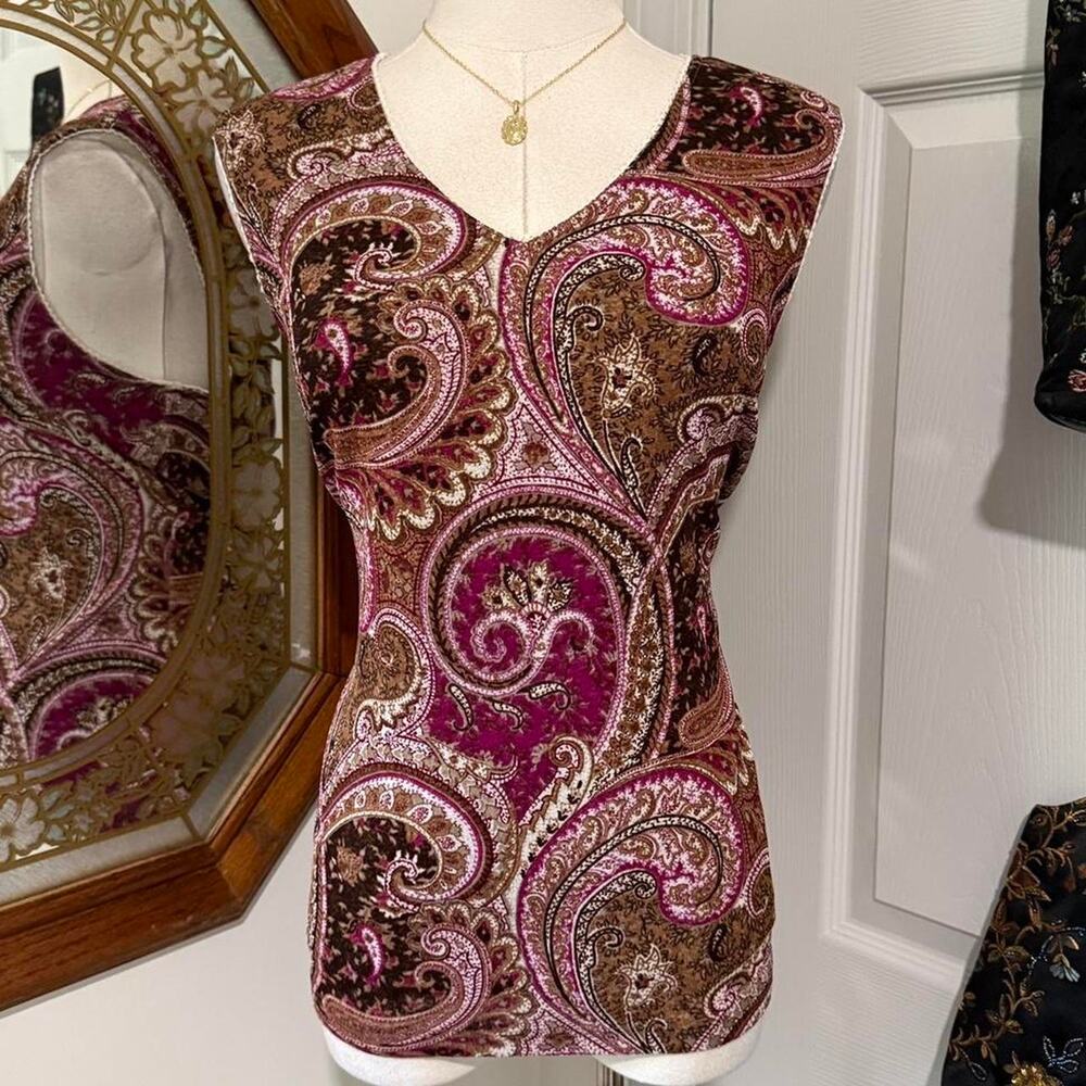 Y2K Style & Co Collection Fuschia, Brown Paisley Sleeveless Lace Trim Whimsy Top